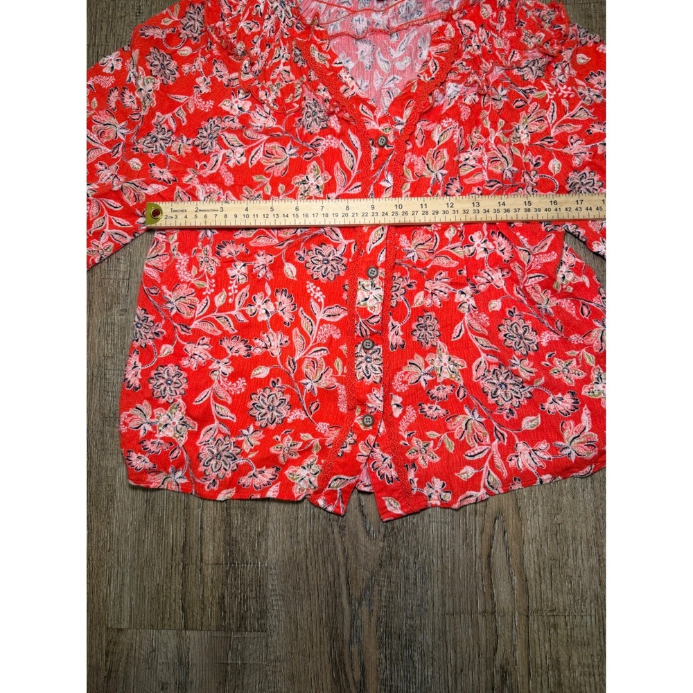 Democracy Red Floral Paisley‎ Ruffle V-Neck Button Front Blouse Large Boho L - Picture 4 of 6